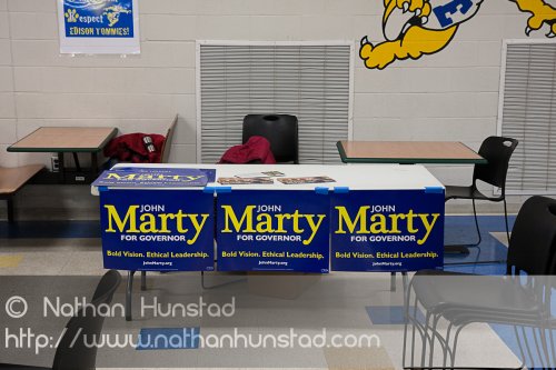 The empty John Marty for Governor table at the SD59 convention